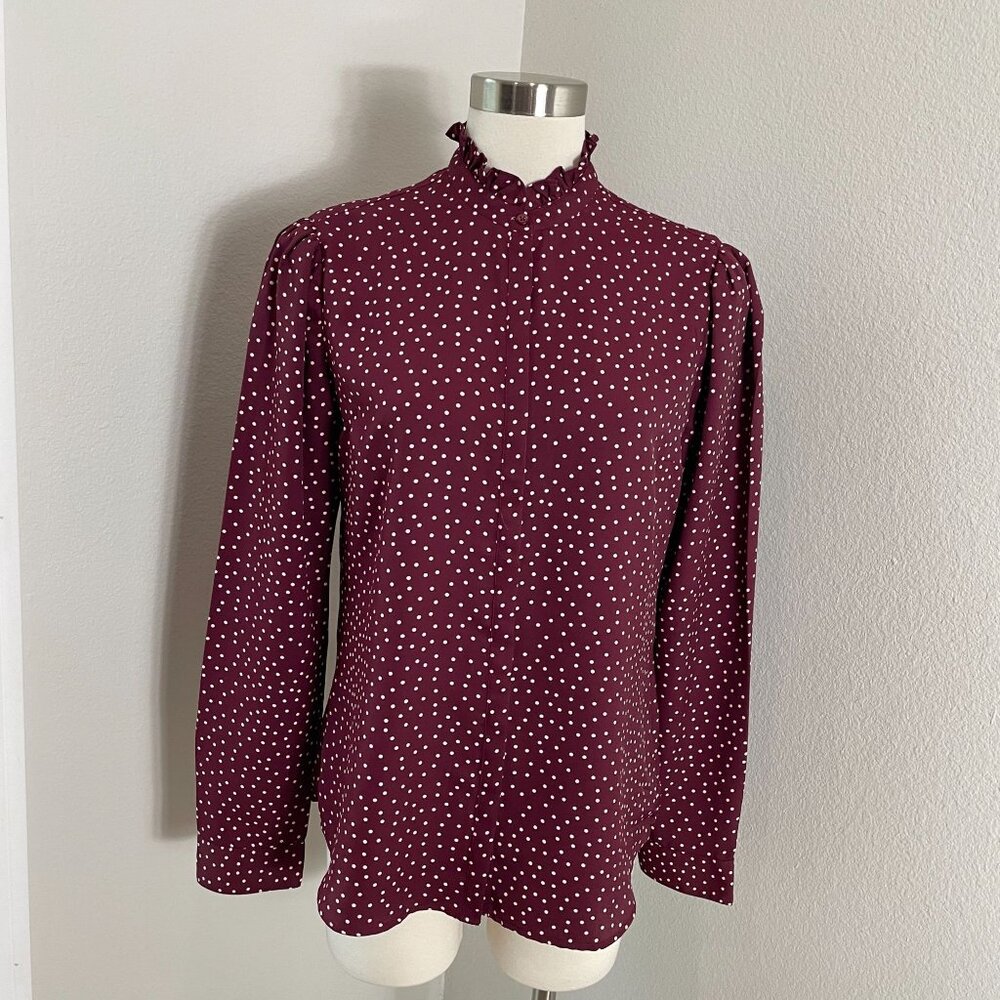 Express Portofino Shirt Womens XS Polka Dot Blouse Burgundy White Ruffle Neck